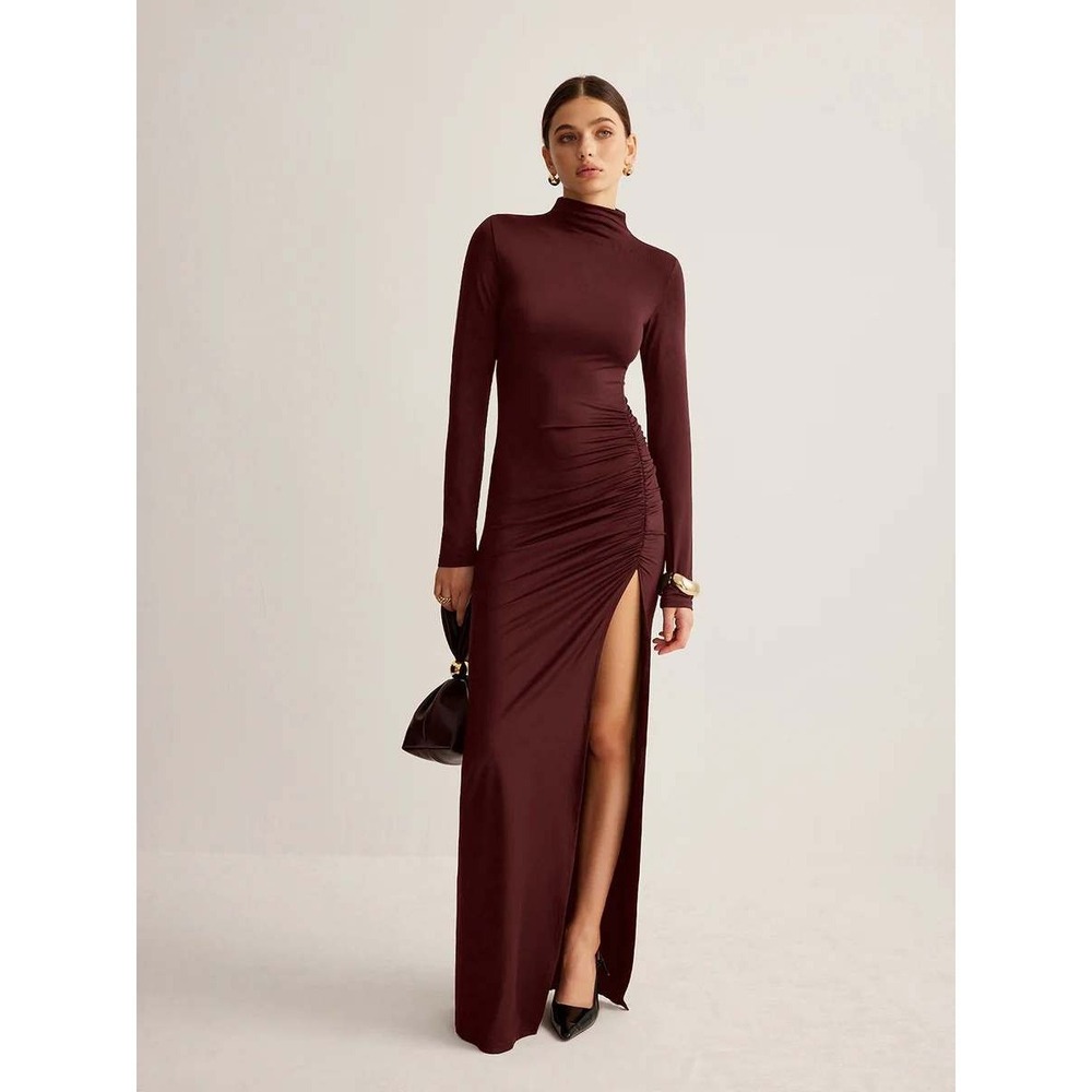 COMMENSE Burgundy Mock Neck Ruched High Slit Long Sleeve Maxi Dress M NEW